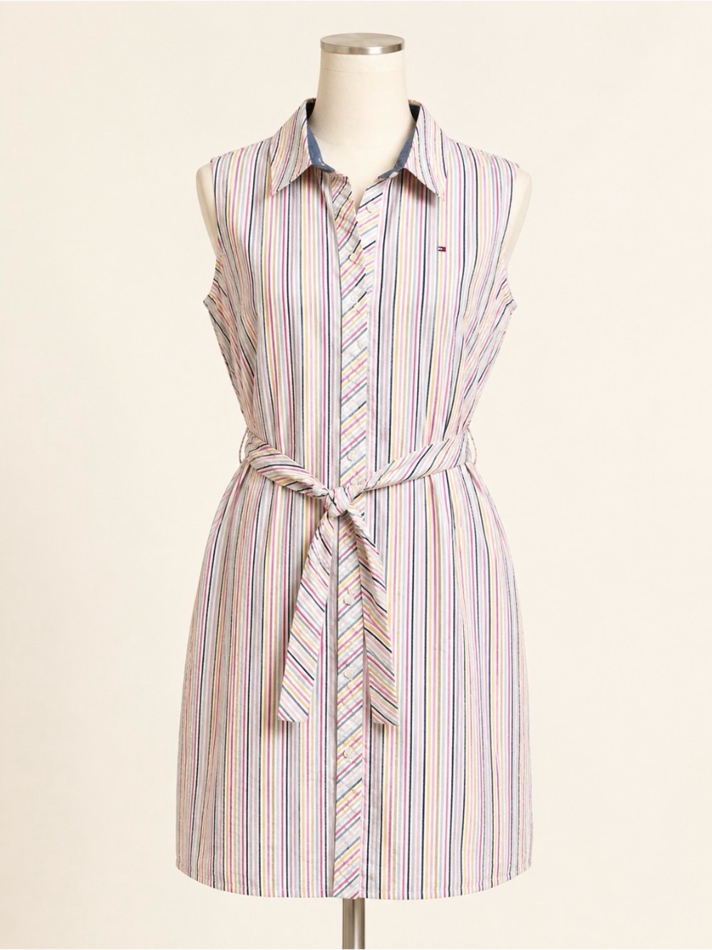 Tommy Hilfiger Collared Shirt dress  - Pink, Yellow, Gray, stripes sleeveless